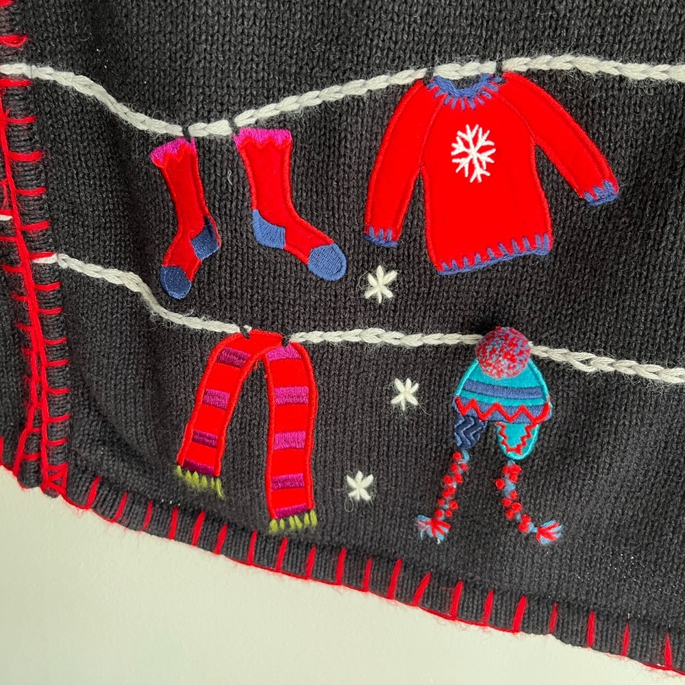Coldwater Creek Black V-Neck Winter Motif Gloves Hats Mittens Zip Cardigan 3X - Picture 7 of 10